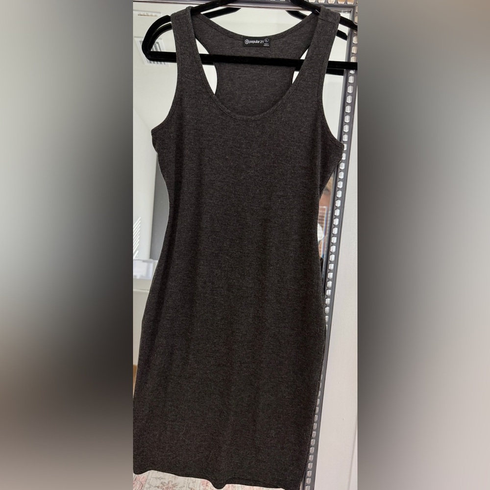 Charcoal Gray Ribbed Racerback Tank Dress, Size Large